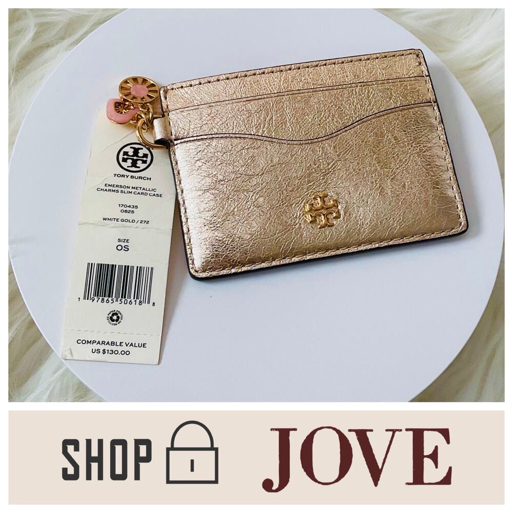 NEW $130 Tory Burch Emerson Shiny Gold Slim Card Case Wallet